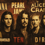 Collage em estilo grunge dos anos 90 com as bandas mais influentes, destacando os 10 álbuns mais importantes do grunge, como "Nevermind", "Ten" e "Dirt".
