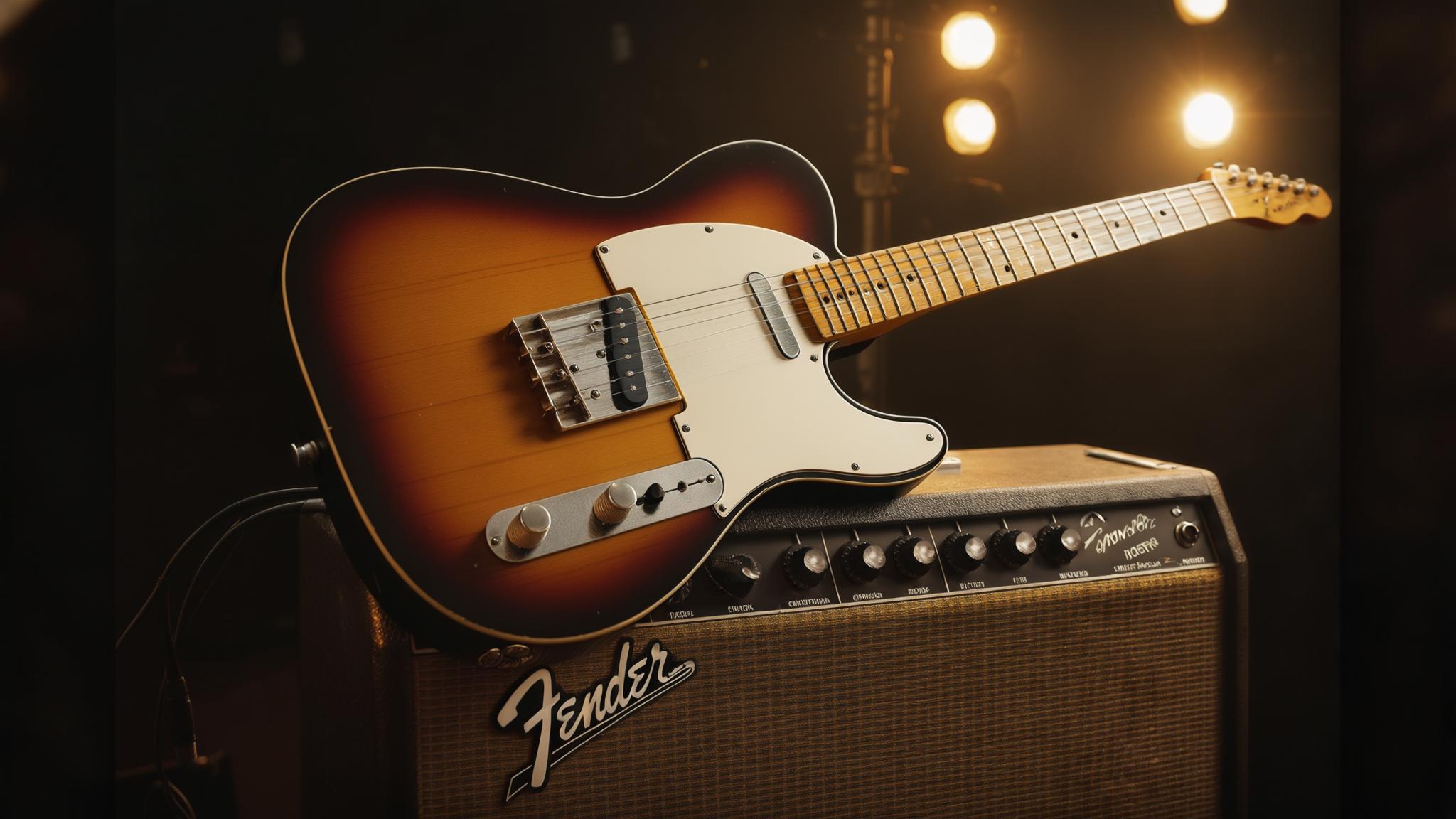 Guitarra Fender Telecaster, com escudo preto e braço em maple, posicionada em pé sobre um suporte.