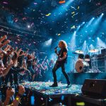 Banda de rock se apresentando ao vivo em um palco iluminado, com plateia animada e confetes coloridos no ar.