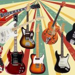 Imagem artística com dez guitarras icônicas, incluindo Fender Stratocaster branca e preta, Gibson Les Paul Standard, Telecaster, Red Special, Frankenstrat, Rickenbacker 325, Gibson SG, Gibson ES-335 e Fender Jaguar, em fundo vibrante.