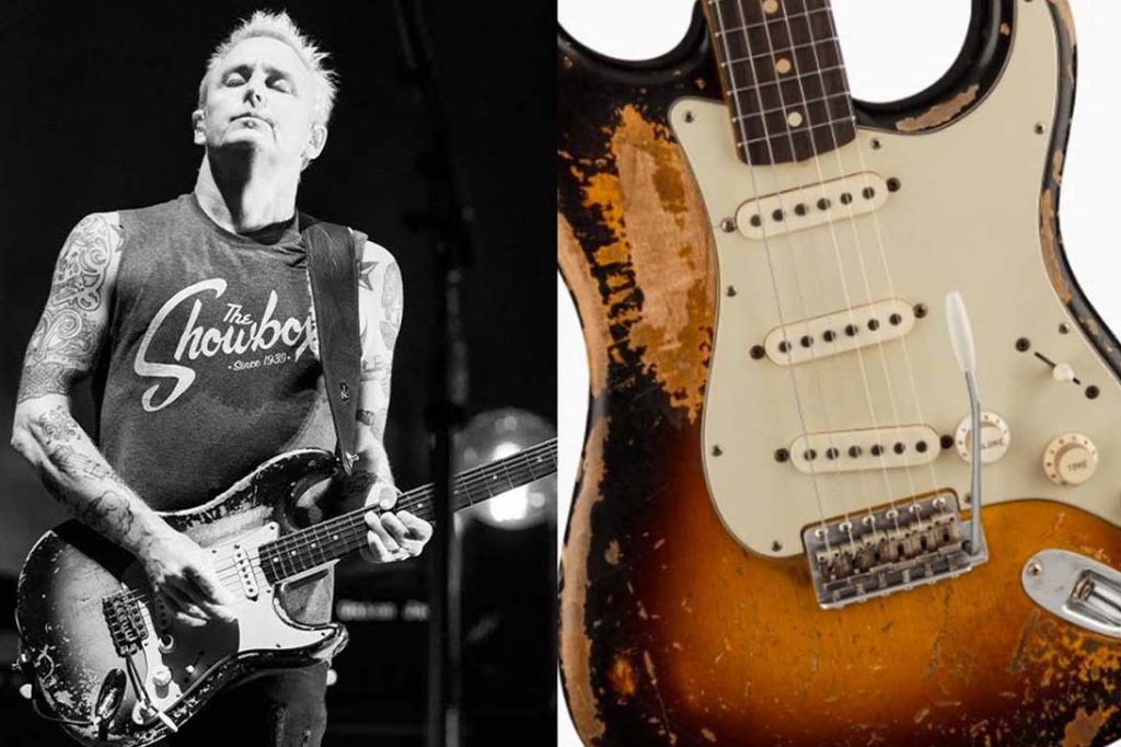 Guitarrista Mike McCready do Pearl Jam tocando sua Stratocaster preta em palco, justaposto a um close-up de sua Fender Custom Shop 1960 Stratocaster sunburst relic.