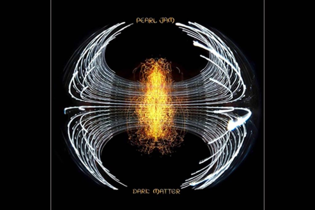 Capa do álbum Dark Matter do Pearl Jam, com fundo escuro e elementos gráficos minimalistas em tons de vermelho.