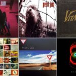 "Capa dos seis primeiros álbuns do Pearl Jam: Ten (1991), Vs. (1993), Vitalogy (1994), No Code (1996), Yield (1998) e Binaural (2000) dispostos em linha sobre fundo preto"