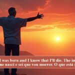Homem em silhueta de braços abertos ao pôr do sol, celebrando a vida ao som de "I Am Mine" do Pearl Jam.