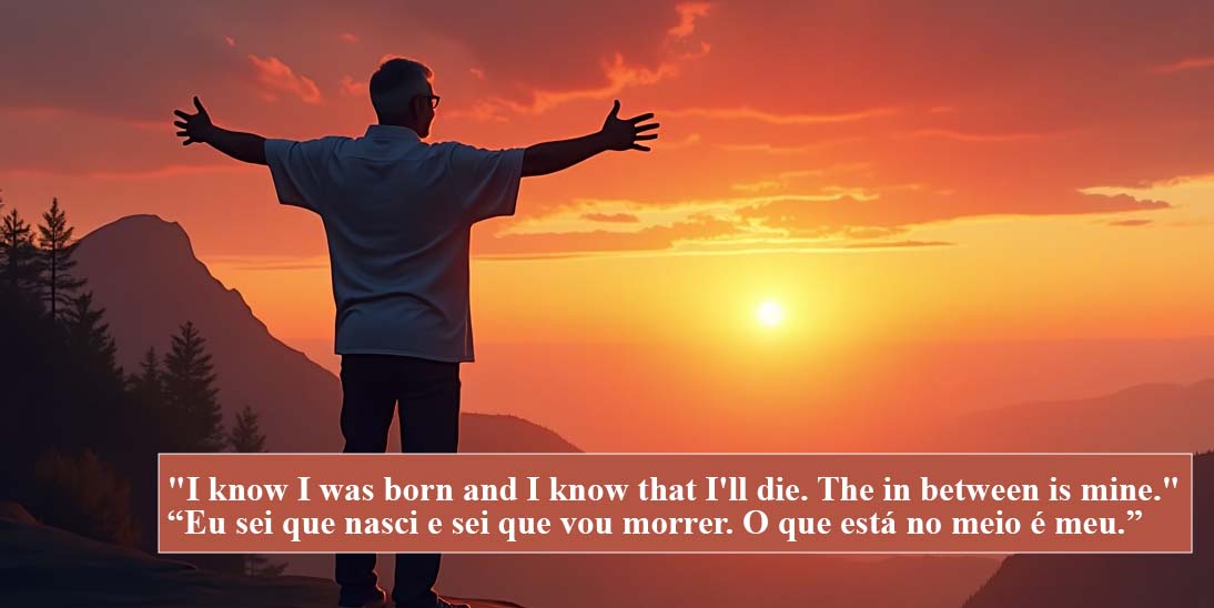 Homem em silhueta de braços abertos ao pôr do sol, celebrando a vida ao som de "I Am Mine" do Pearl Jam.