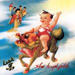 Capa do álbum Purple da banda Stone Temple Pilots, com ilustração de um bebê montado em um Qilin, criatura mítica chinesa, em fundo roxo psicodélico.