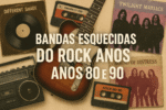 Imagem retrô com guitarra, fitas cassete, vinis e fotos de bandas fictícias, com o texto, bandas esquecidas do rock dos anos 80 e 90.