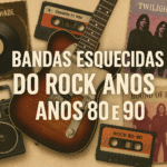 Imagem retrô com guitarra, fitas cassete, vinis e fotos de bandas fictícias, com o texto, bandas esquecidas do rock dos anos 80 e 90.