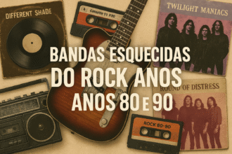 Imagem retrô com guitarra, fitas cassete, vinis e fotos de bandas fictícias, com o texto, bandas esquecidas do rock dos anos 80 e 90.