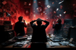 Arte conceitual representando tensão nos bastidores de discos que quase não foram lançados, com elementos visuais dramáticos e atmosfera sombria.