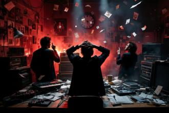 Arte conceitual representando tensão nos bastidores de discos que quase não foram lançados, com elementos visuais dramáticos e atmosfera sombria.