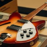 Guitarra Rickenbacker 360 semiacústica com acabamento em Fireglo, famosa pelo som brilhante no rock dos anos 60 e 70.