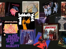 Imagens das capas de todos os álbuns do Black Sabbath, desde o clássico de 1970 até '13' (2013), mostrando a evolução visual da banda.