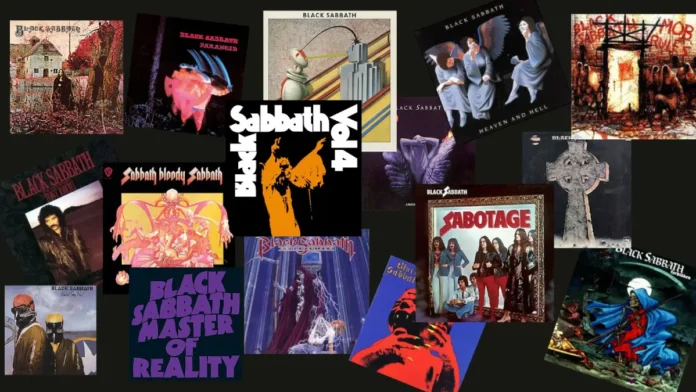 Imagens das capas de todos os álbuns do Black Sabbath, desde o clássico de 1970 até '13' (2013), mostrando a evolução visual da banda.