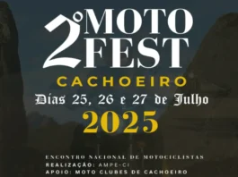 Cartaz oficial do Moto Fest Cachoeiro 2025 com programação completa, datas, bandas e informações do evento gratuito de motociclismo e rock em Cachoeiro de Itapemirim – ES.